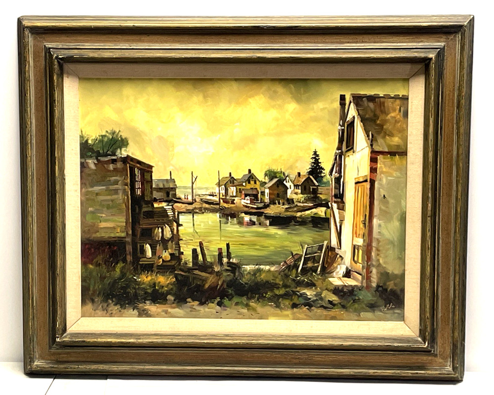 Fil Mottola Signed Port Clyde Maine Harbor Original Oil Painting on Wood 24x18